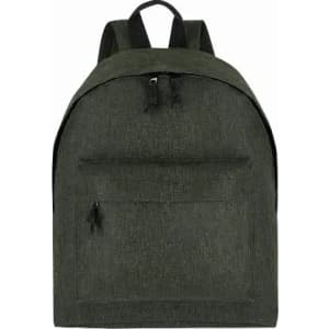 A backpack in dark green with adjustable straps and a front pocket, featuring a simple design and a logo.