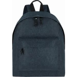 A backpack in a dark navy blue fabric with a front pocket and adjustable straps. It features a logo on the front.