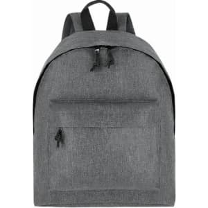 A grey backpack with a simple design featuring a front zip pocket and adjustable straps. It has a logo on it.