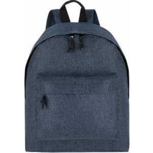 A backpack in dark blue fabric with a black zippered front pocket and adjustable straps.