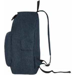 A backpack in a dark blue fabric, featuring adjustable straps and a side pocket. It has a simple design and no visible branding.