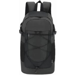 A backpack in black, featuring adjustable straps and a zippered front pocket, with a bungee cord detailing on the front.