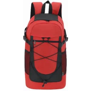 A red and black backpack featuring adjustable straps, multiple compartments, and a logo on the front.