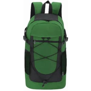 A backpack featuring a green body with black accents and adjustable straps, designed for practical use.