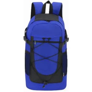 A backpack featuring a vibrant blue and black design with adjustable straps and a front bungee cord.