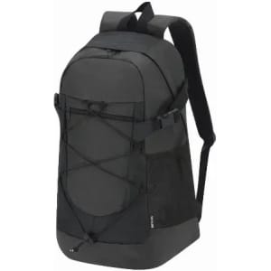 A backpack in black with adjustable straps, a mesh pocket, and a bungee cord design on the front.