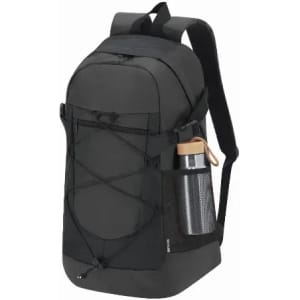 A black backpack with a mesh pocket on the side, holding a drink bottle. The backpack features adjustable straps.