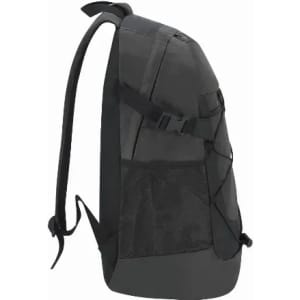A backpack in shades of black and grey, featuring adjustable straps and a mesh side pocket.
