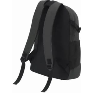 A black backpack featuring adjustable straps and a minimalistic design. It has a logo on the front.