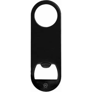 A black bottle opener with a circular handle and a lever for opening caps. It features a branding logo.