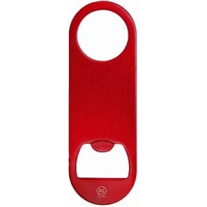A red bottle opener with a circular handle and a built-in bottle cap remover. Features a logo on the surface.
