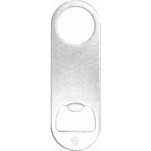 A bottle opener in silver metal, featuring a circular hole at one end and a flat bottle-opening edge.