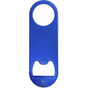 A blue bottle opener featuring a circular handle and a functional base, with a logo positioned on the bottom.