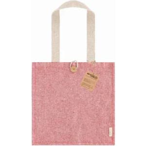 A pink tote bag with light-coloured straps and a tag, featuring a textured fabric design.