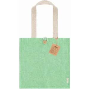 A mint green tote bag with a textured finish and light fabric straps, featuring a small tag attached.