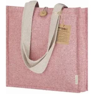 A tote bag in a pink fabric with a textured finish, featuring light-coloured handles and a tag.