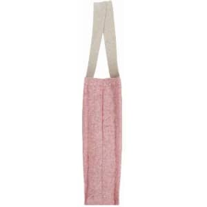 A pink and grey bag with straps, featuring a simple design and a textured finish.