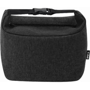 A bag in dark grey fabric with a top handle and a buckle closure. It has a logo on the side.