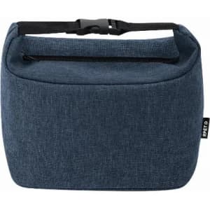 A drink bottle bag in navy blue with a top handle and a zip closure, featuring a logo on the side.