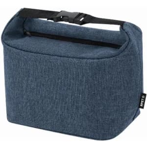 A drink bottle holder in a dark blue fabric with a textured finish and a handle for easy carrying, featuring a logo.