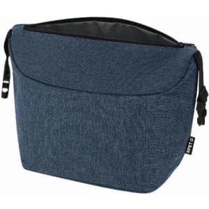 A navy blue insulated lunch bag with a zip closure and a soft interior, featuring a logo on the side.