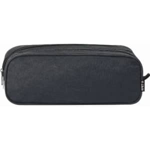 A black pencil case with a zip closure and a fabric texture, featuring a small logo on one side.