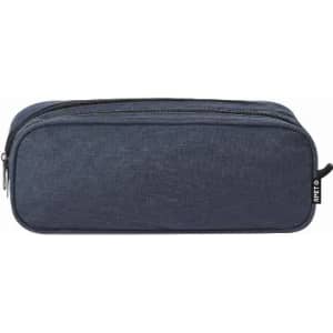 A pencil case in navy blue with a zip closure and a logo on the side.