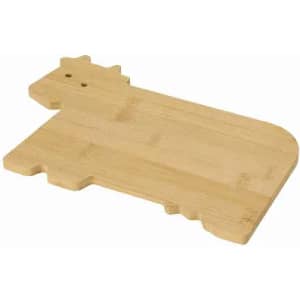 A bamboo cutting board shaped like a cow, featuring natural wood grain and distinct cut-out design.