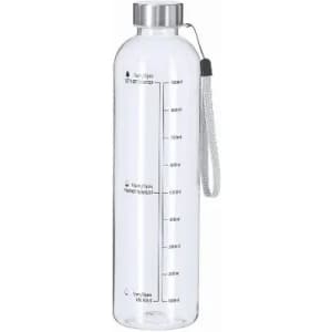 A drink bottle in clear plastic with a silver cap and a carry strap, featuring measurement markings.