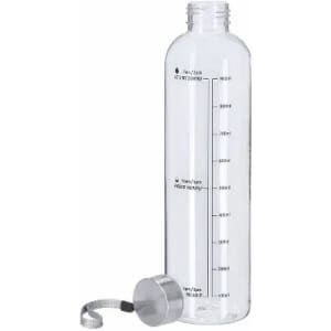 A clear drink bottle with a silver cap and measurement markings along the side.