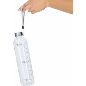 A drink bottle in clear plastic with a metal lid and a strap, featuring measurement markings.