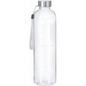 A clear drink bottle with a silver cap and a tethered strap, featuring measurement markings on the side.
