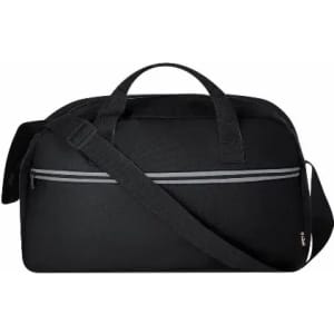 A black duffle bag featuring a zippered pocket and adjustable shoulder strap. It has a minimalist design and a logo.