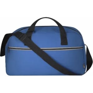 A blue duffel bag with a shoulder strap and top handles, featuring a front zip pocket and a simple design.