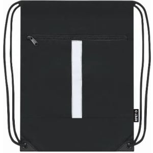 A black drawstring bag with a front zip pocket and a white stripe, featuring a logo tag.
