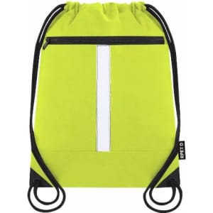 A drawstring bag in bright yellow with a reflective strip and black accents. It features a zippered front pocket.