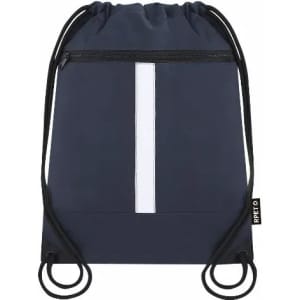 A drawstring backpack in navy blue with a white stripe and a front zip pocket, featuring a logo.