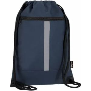 A drawstring bag in dark blue with a reflective strip and a front zipper pocket. It features black drawstrings.