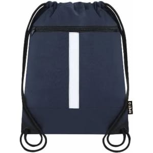 A drawstring backpack in navy blue with a white reflective stripe and a front zipper pocket.