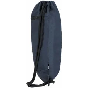 A drawstring pouch in navy blue with a cinched top and a side zip pocket. It features a simple design and branding.