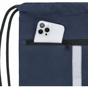 A drawstring bag in navy with a front pocket, featuring a phone partially visible inside the pocket.