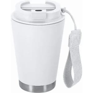 A drink bottle in white with a grey strap and a stainless steel base, featuring a lid with a spout opening.