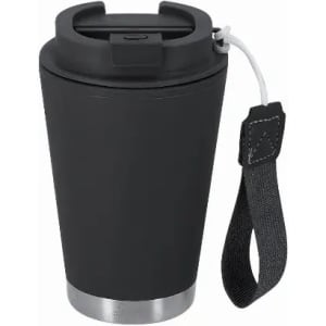 A drink bottle in black with a silver base, featuring a detachable strap and a lid.