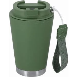 A drink bottle in matte green with a stainless steel base and a strap for easy carrying. It has a lid with a spout.