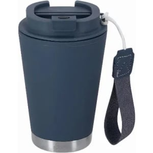 A drink bottle in navy blue with a grey strap and a metallic base, featuring a lid with a handle.