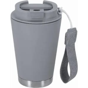 A drink bottle in grey with a lid, a removable strap, and a metallic base. It features a logo on the side.
