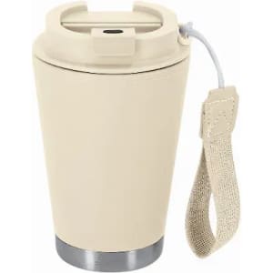 A drink bottle in cream with a stainless steel base and a detachable strap. It features a lid and a logo.