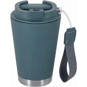 A drink bottle in dark teal with a stainless steel base, featuring a secure lid and a fabric strap.