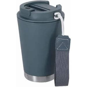 A drink bottle with a dark blue exterior, silver base, and a grey strap for easy carrying. It features a lid with a spout.