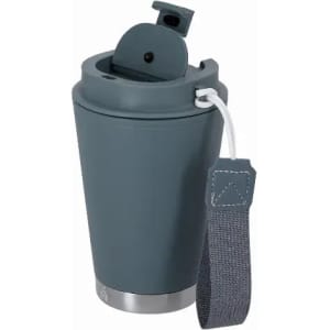 A drink bottle in dark grey with a silver base, featuring a flip-top lid and a grey strap.